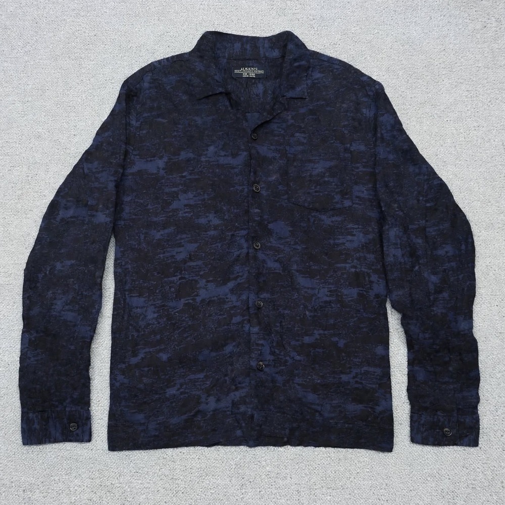 AllSaints Fayette Mens L Shirt Navy Black Abstract Camo Print Long Sleeve Cotton